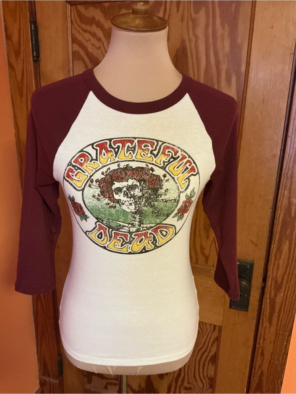 Grateful Dead Dancing Skeleton Roses Raglan Baseball Tee Shirt M Burgundy - Picture 3 of 7